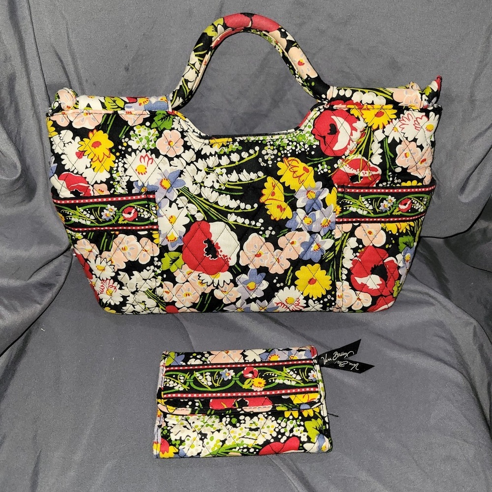 Vera Bradley Gabby Poppy Fields Pattern Handbag Purse Tote Flower Wallet Set